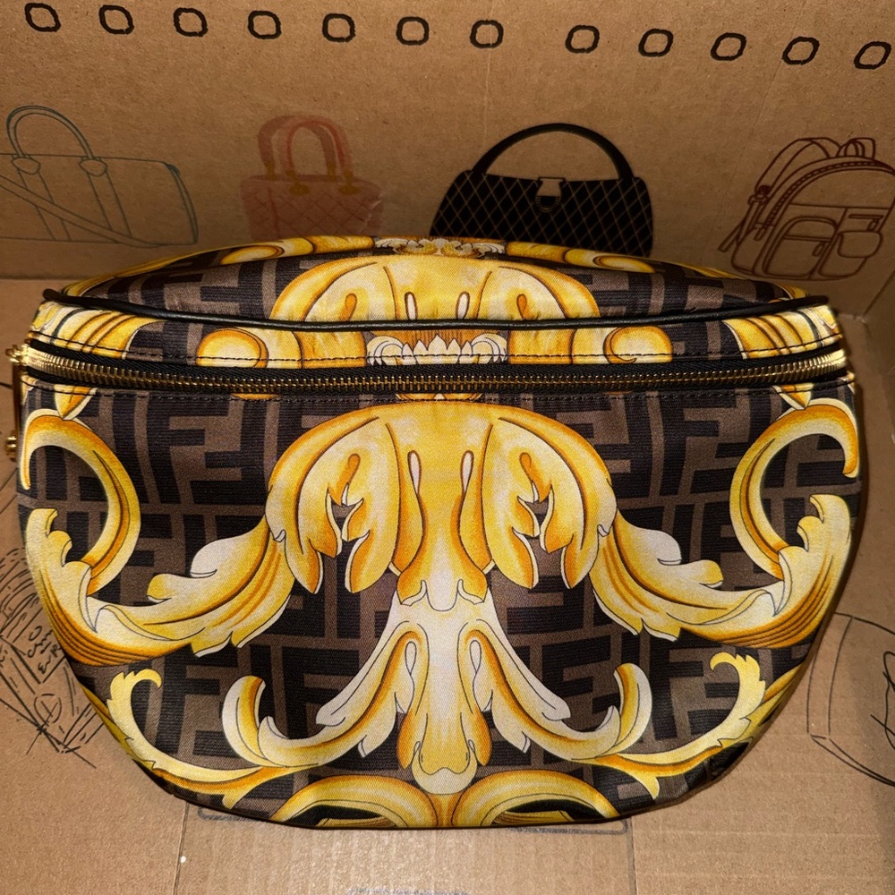 FENDI × VERSACE "Fendace" Nylon Cuoio Romano FF Baroque Belt Bag Black Gold